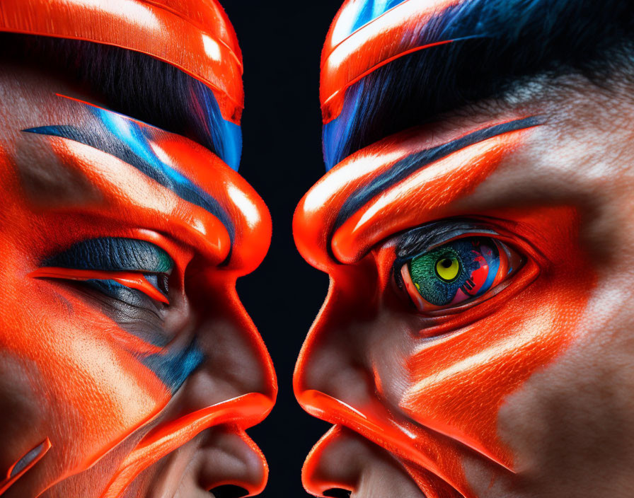 Close-up of faces with vibrant orange and blue face paint showcasing contrasting eyes