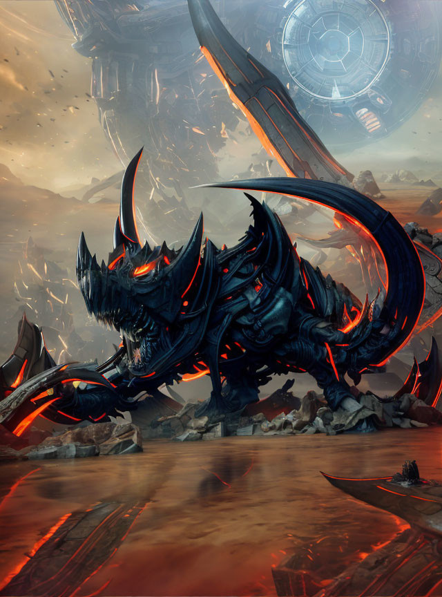 Armored dragon in futuristic landscape with red accents