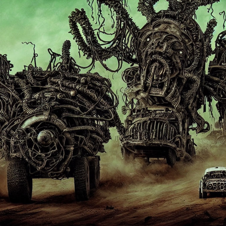 Dystopian artwork: small car fleeing massive mechanical structures