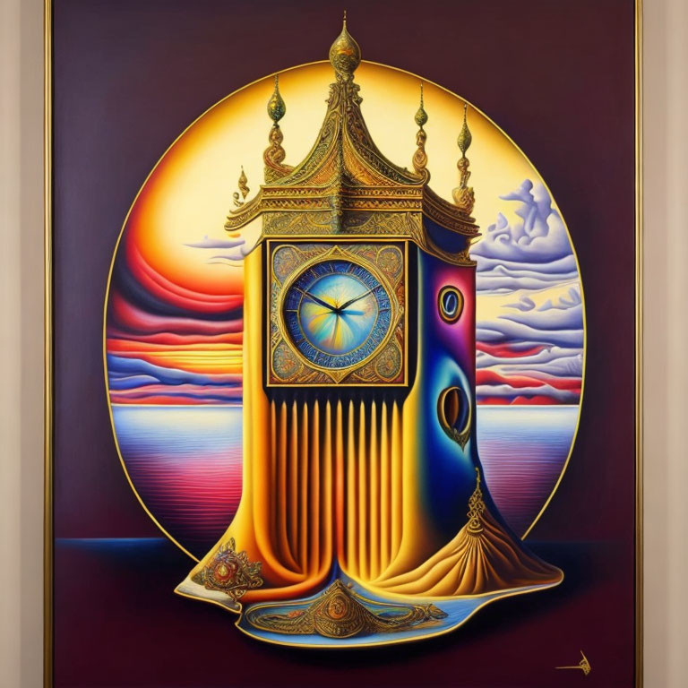 Surreal painting of ornate clock-like structure in vibrant colors