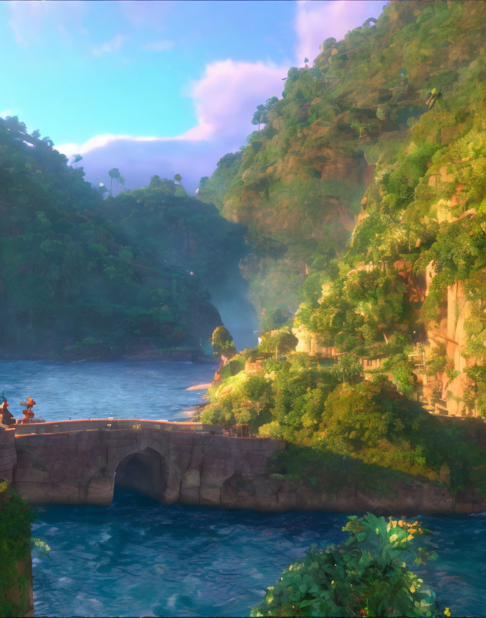 Tropical landscape with stone bridge, river, waterfall, and people under hazy sky