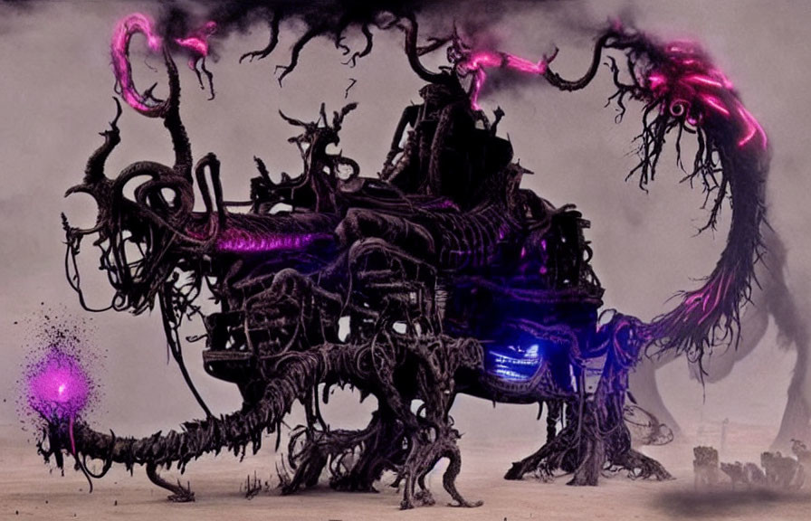 Intricate Dark Mechanical Structure with Purple Energy in Barren Landscape