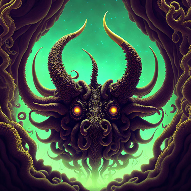 Symmetrical fantastical creature with horns and multiple eyes in green ambiance