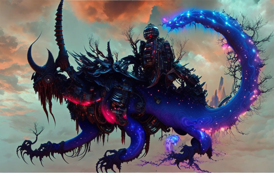 Fantastical creature with mechanical body and glowing blue tendrils in dramatic sky