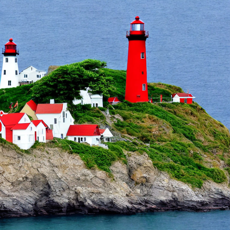 Red lighthouse on rocky cliff with greenery, white buildings, sapphire water, overcast skies