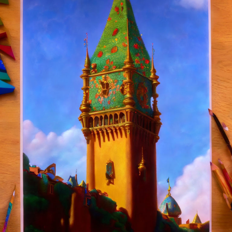 Vibrant animated tower with turquoise roof and floral patterns under warm sky