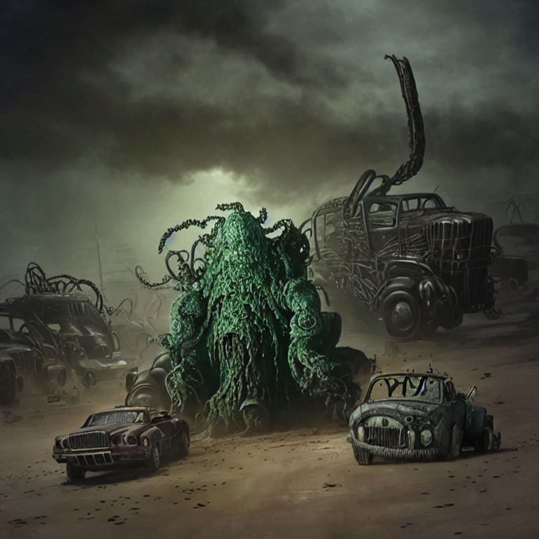 Monstrous green entity with tentacles in desolate junkyard under gloomy sky