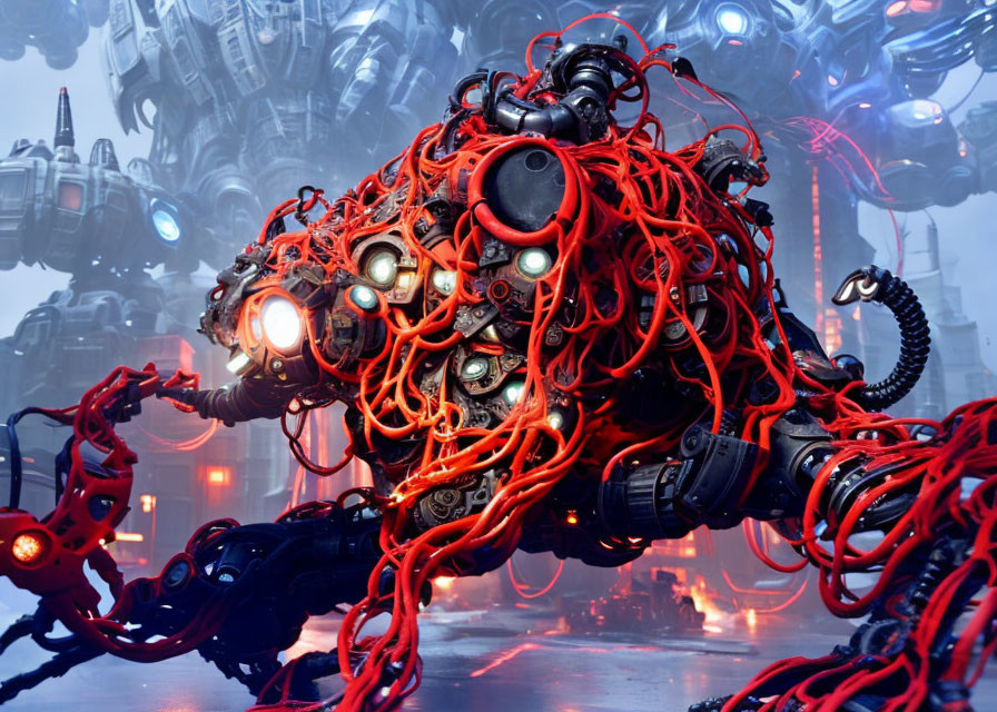 Futuristic robotic entity with red cables and multiple lenses in misty industrial setting