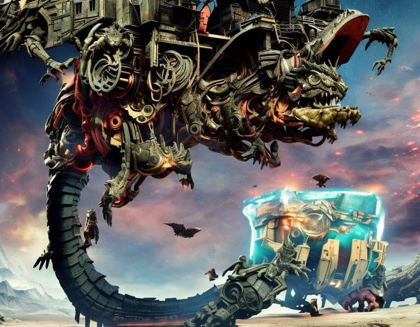 Intricate mechanical dragon over futuristic city with red sky