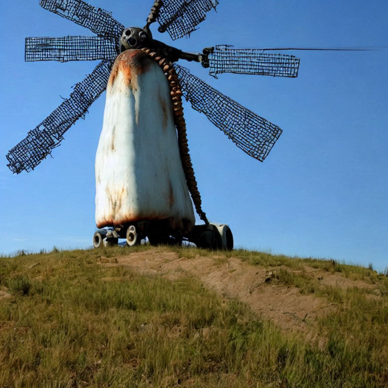 Rusty spaceship-like structure on grassy hill under clear blue sky