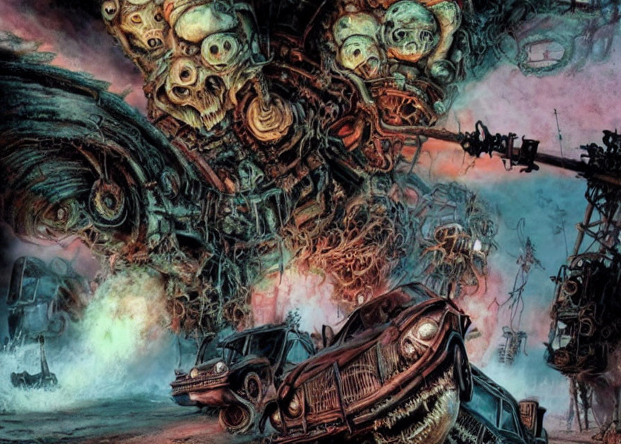 Dystopian surreal landscape with twisted machinery and skulls among wrecked cars