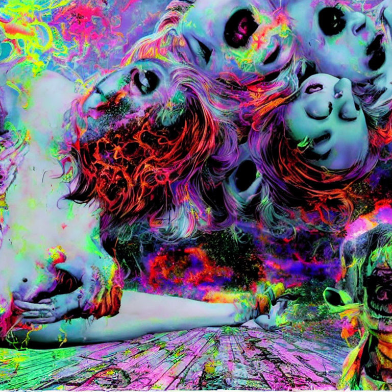 Colorful Psychedelic Artwork with Distorted Faces and Abstract Patterns