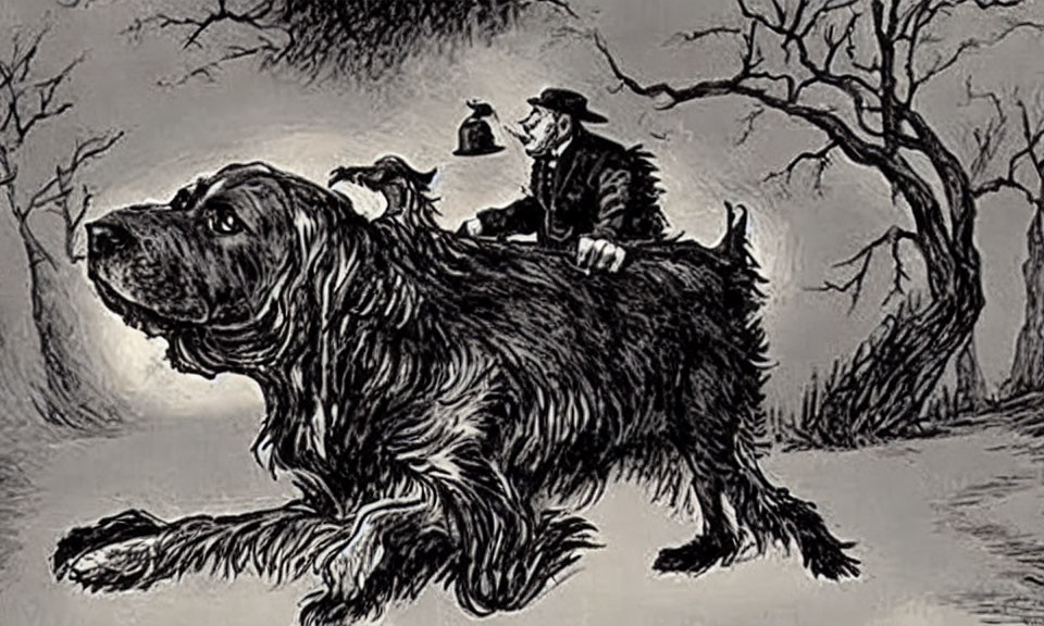 Monochromatic illustration of large dog carrying tiny figures in old-fashioned attire