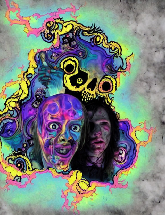 Colorful Psychedelic Artwork with Distorted Faces and Skulls