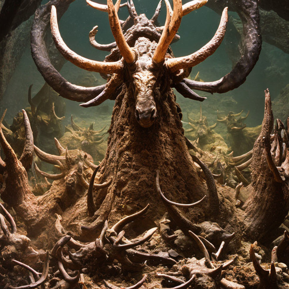 Surreal underwater scene with stag and excessive antlers