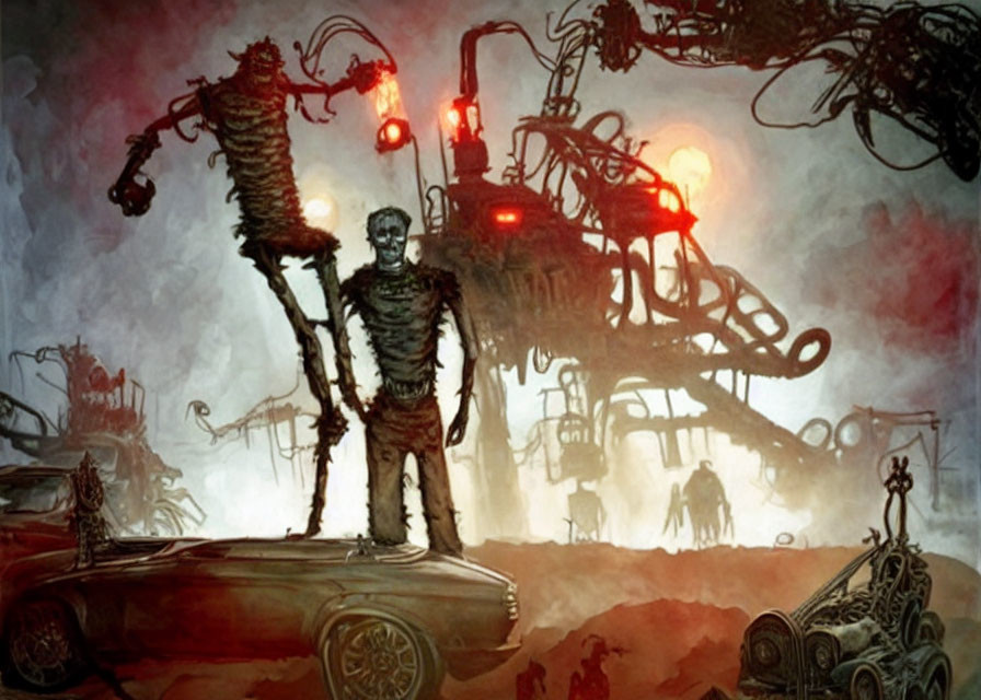 Mummified figure in dystopian landscape with twisted machines