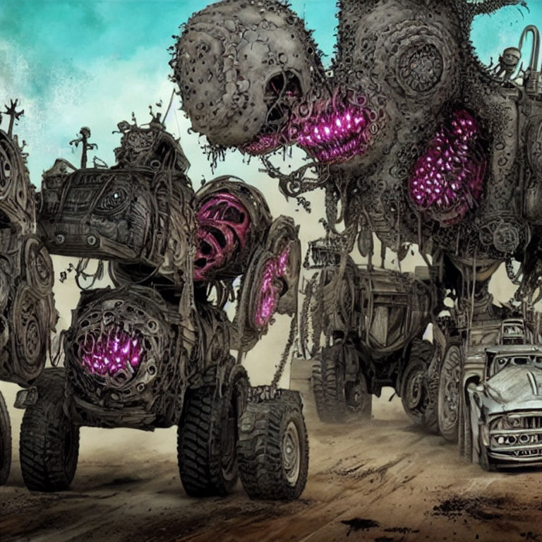 Illustrated scene of bizarre organic vehicles with glowing pink cavities on barren landscape