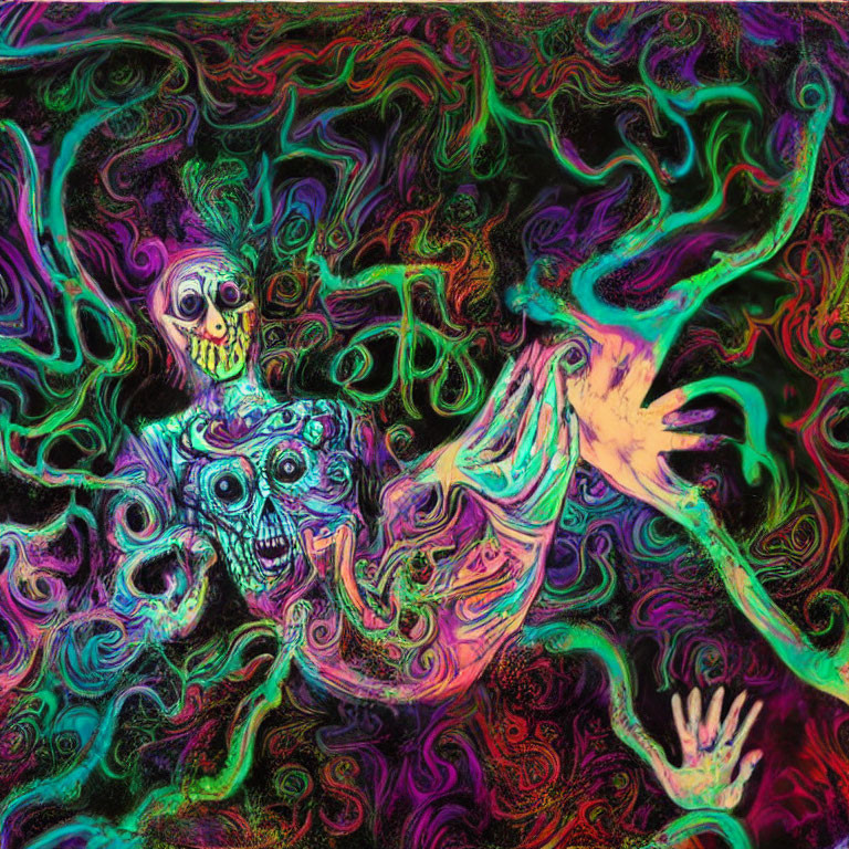 Colorful Psychedelic Art: Skeletons and Reaching Hands in Swirling Patterns