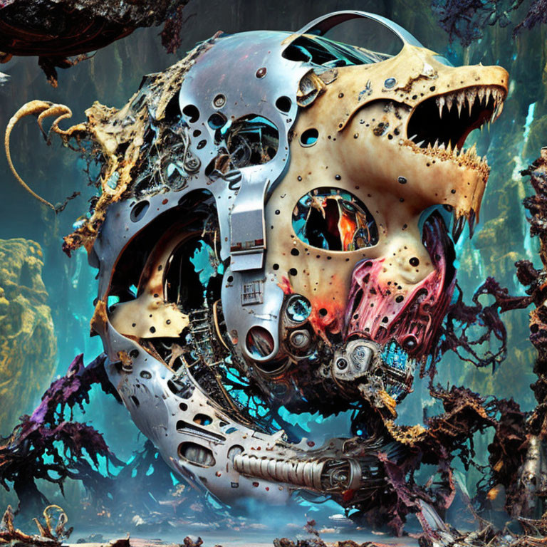 Detailed surreal mechanical skull in underwater scene with vibrant coral structures