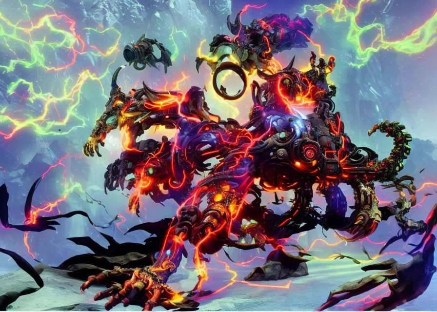 Mechanical creature with fiery veins amidst electric currents and cosmic backdrop