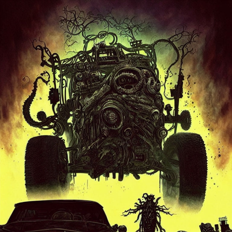 Dark surreal illustration of menacing machine with wheels, pipes, and smoke against yellow backdrop