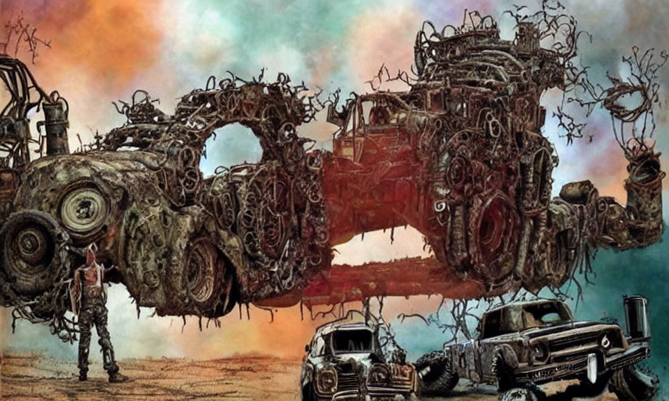 Intricately designed vehicle with person in dystopian setting