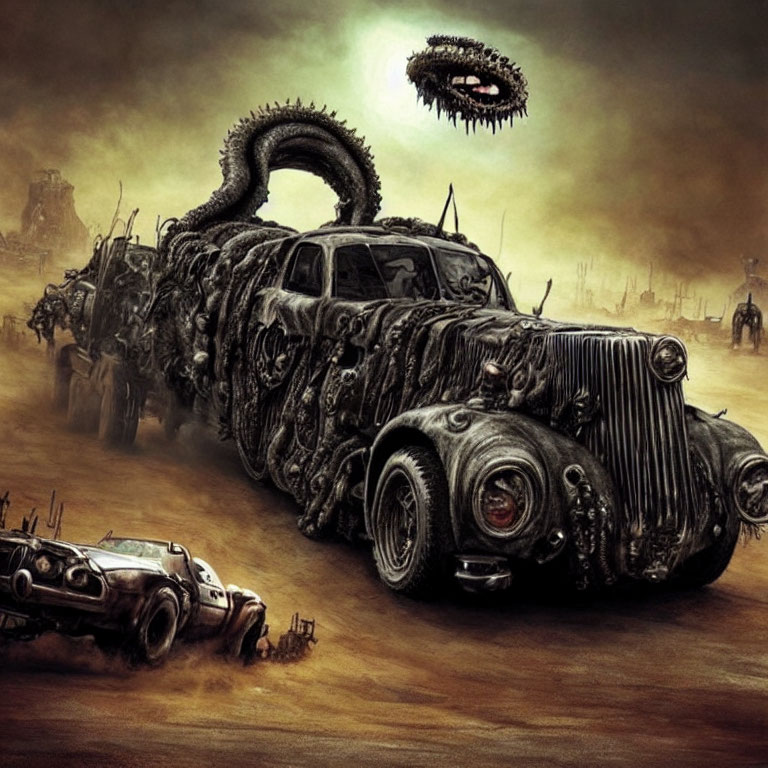 Dystopian scene with monstrous car, tentacles, armed figures, desolate landscape, and sinister