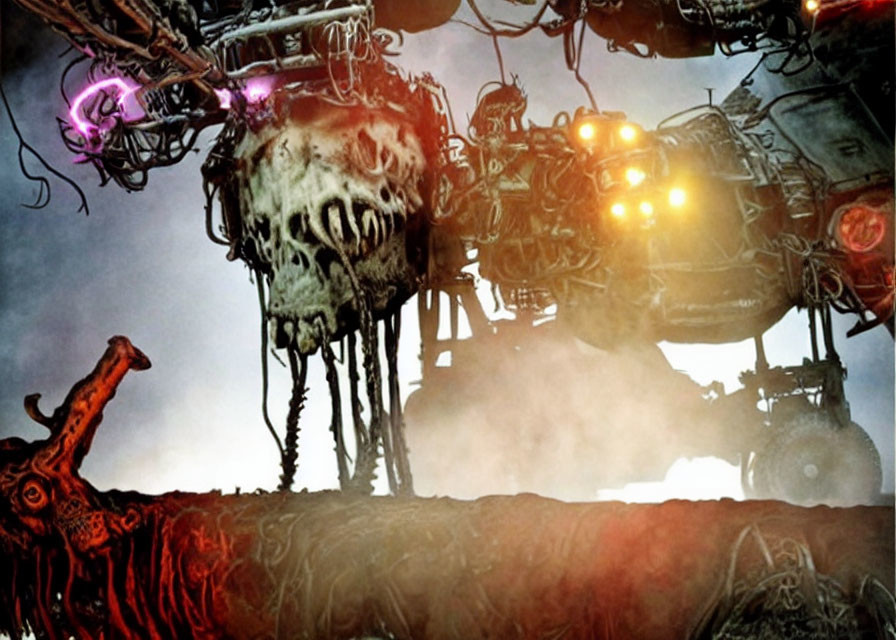 Menacing skull machine in dystopian setting