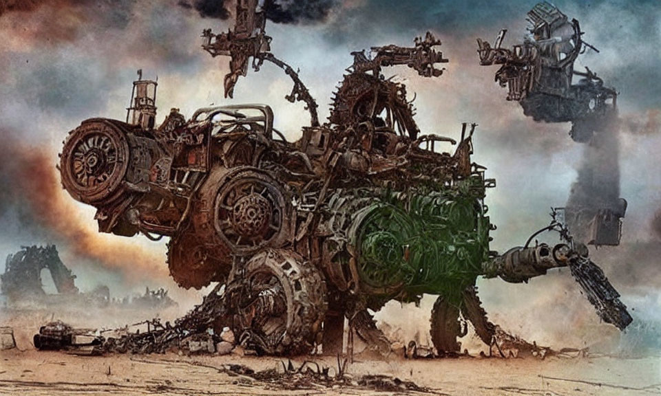 Dystopian landscape with towering robot-like structures in war-torn setting