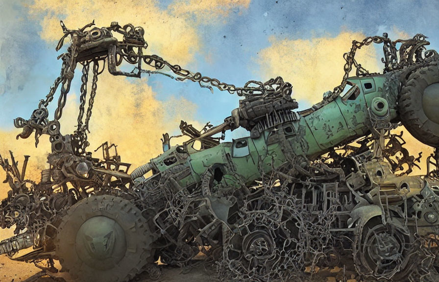 Dystopian artwork: Giant robotic contraption amid salvaged vehicles