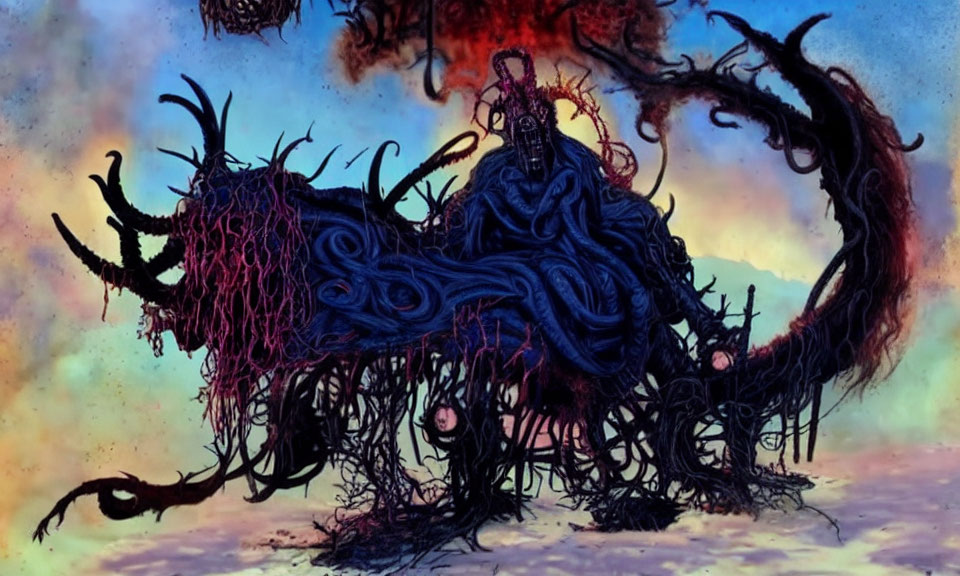 Dark surreal painting of intricate twisted entity with tentacles on colorful backdrop