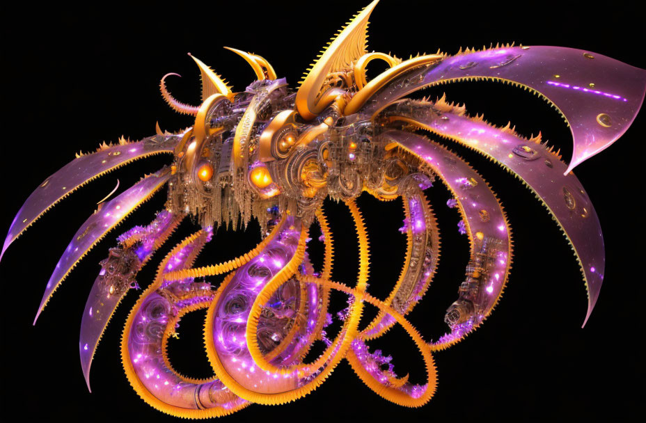 Fractal-generated image of fantastical creature in golden and purple hues