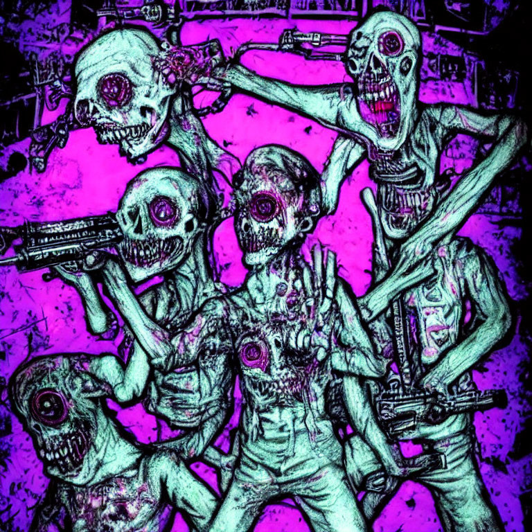 Colorful Stylized Image: Four Zombies with Guns in Exaggerated Features