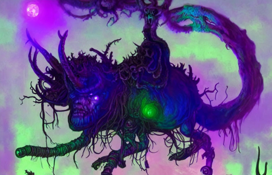 Digital artwork: Mythical creature with glowing eyes, twisted horns, entangled roots, and mystical aura