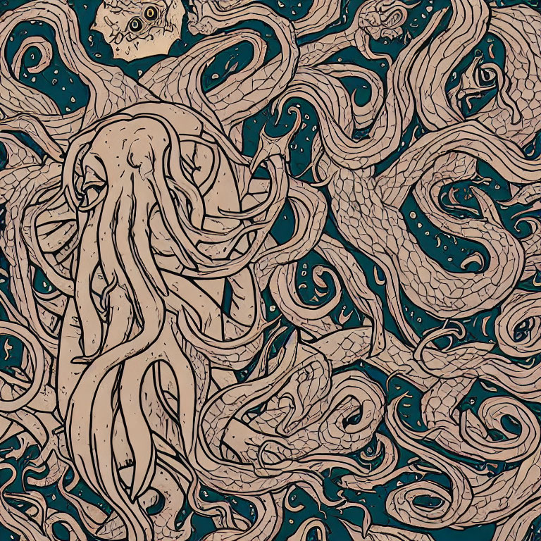 Detailed octopus and serpentine shapes on teal background with golden accents