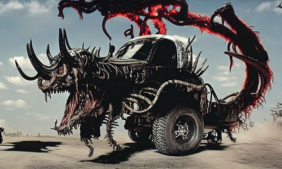 Dark-themed vehicle with skull motifs and red tentacles in desolate setting