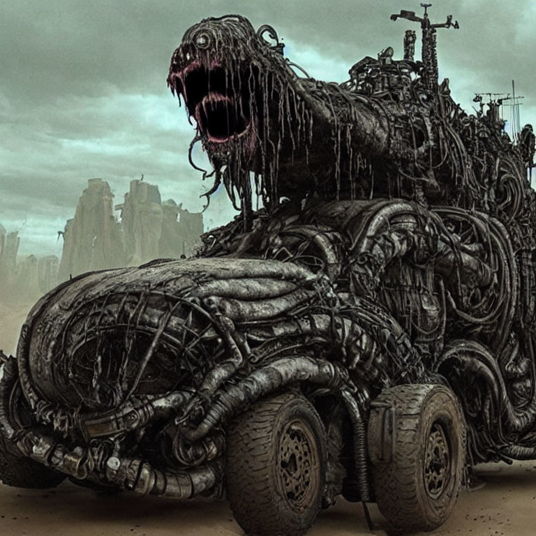 Monstrous Vehicle with Fierce Gaping Mouth in Dark Organic Textures