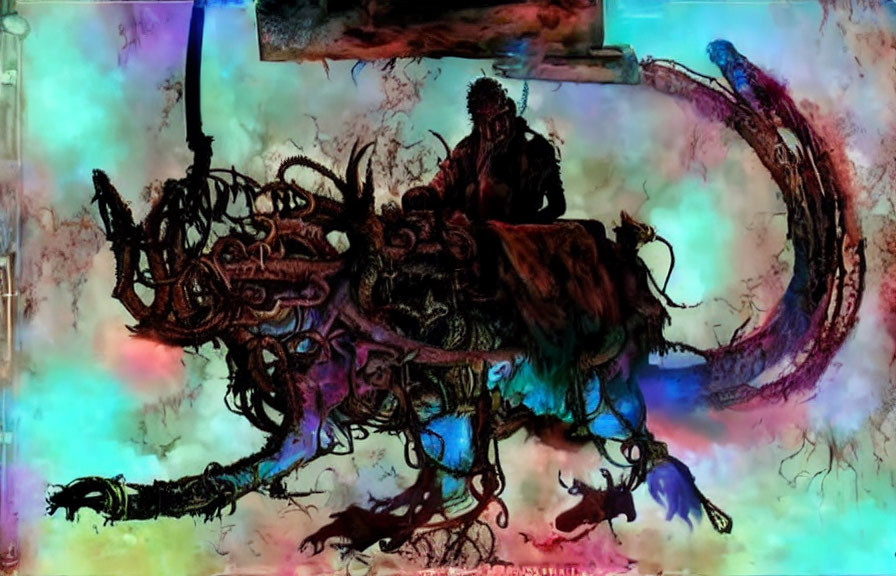 Abstract surreal art: shadowy figure on monstrous form in multicolored background