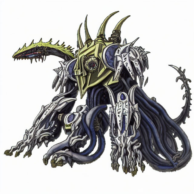 Biomechanical creature with reptilian head and metallic armor