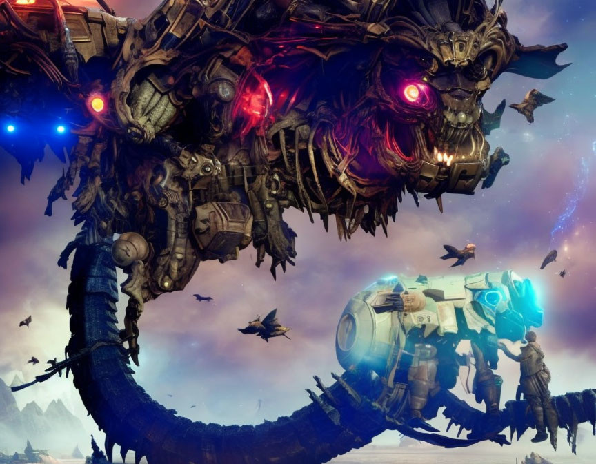 Gigantic mechanical dragon with red eyes in futuristic scene