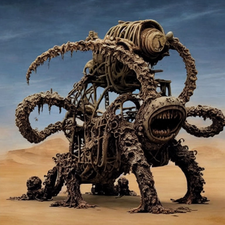 Mechanical creature with tentacles and sharp teeth in desert setting