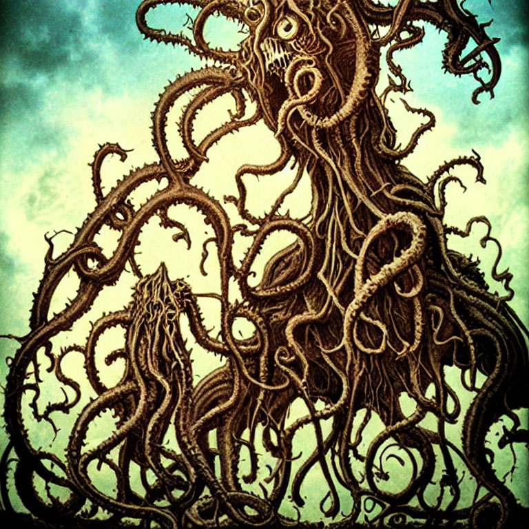 Surreal tree illustration with tentacle-like branches on textured turquoise sky