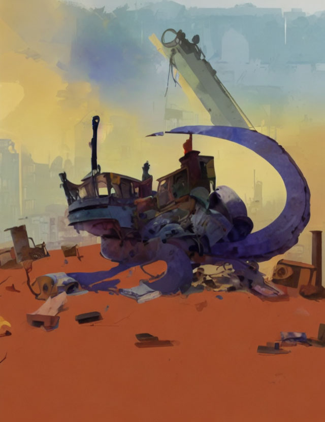 Derelict robot tail in dystopian cityscape with scattered debris.