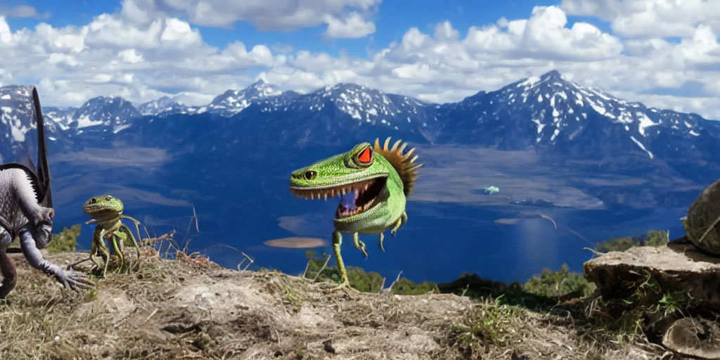 Toy dinosaurs outdoors with mountain backdrop and roaring green dinosaur.