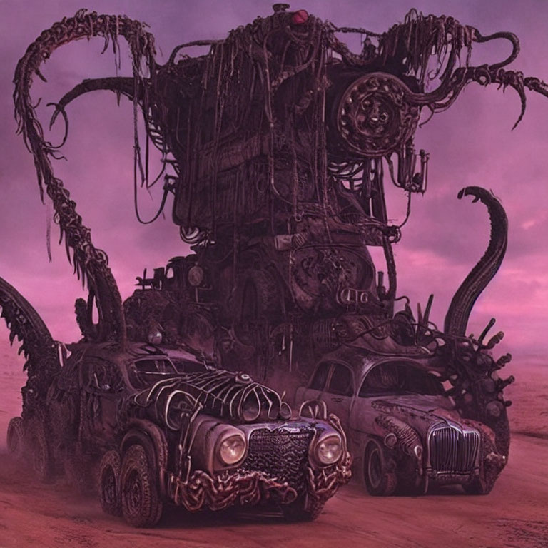 Surreal dystopian scene with large mechanical structure and tentacle-like vehicles under purple sky