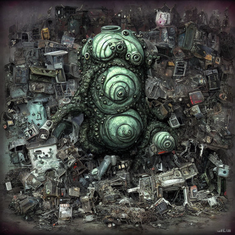 Green tentacled creature amidst electronic waste piles