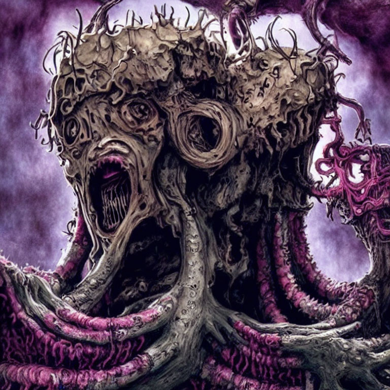 Monstrous creature with screaming faces and tentacles under purple sky