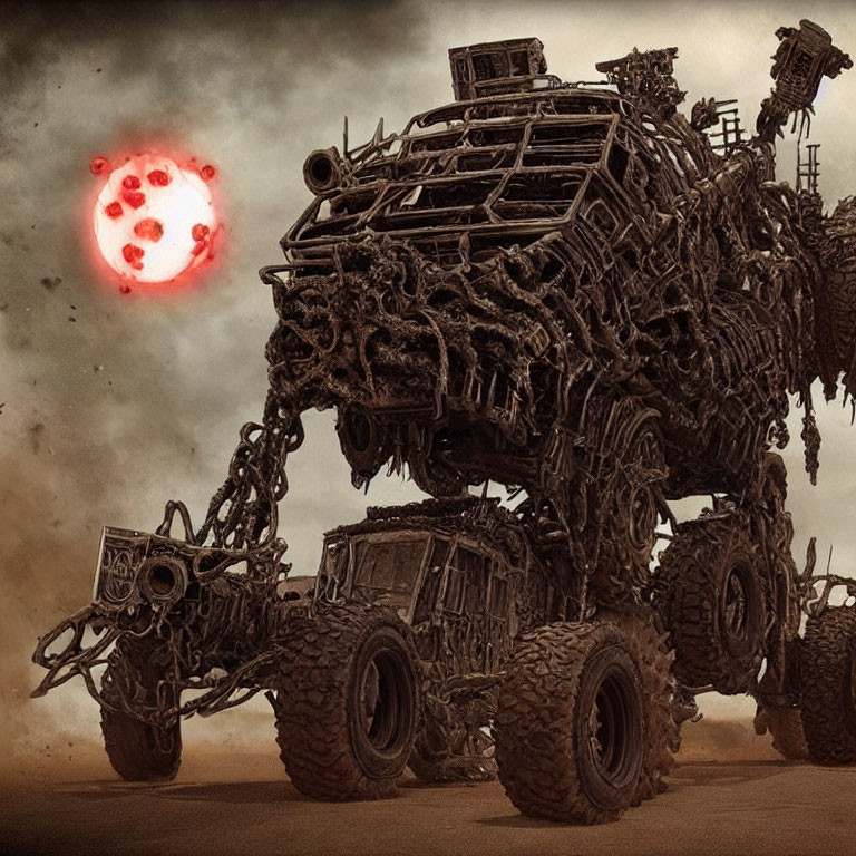 Monstrous vehicle with oversized tires in barren landscape