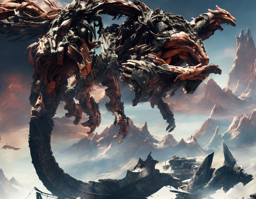 Giant mechanized dragon in rocky landscape with futuristic ship