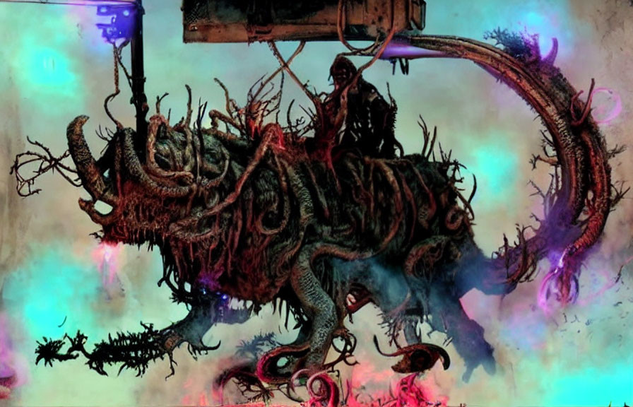 Monstrous creature with multiple horns and tendrils in multicolored misty backdrop